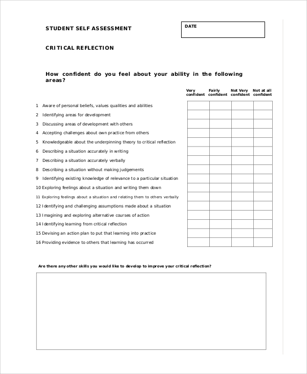 student self assessment sample