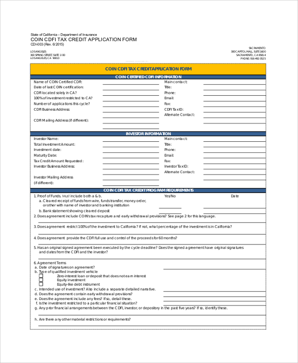 tax credit application form