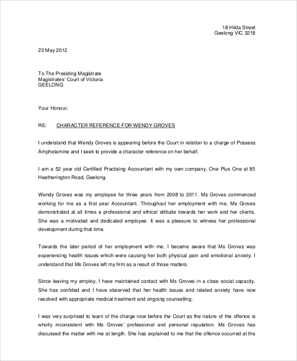 Character Reference Letter For Employee For Court