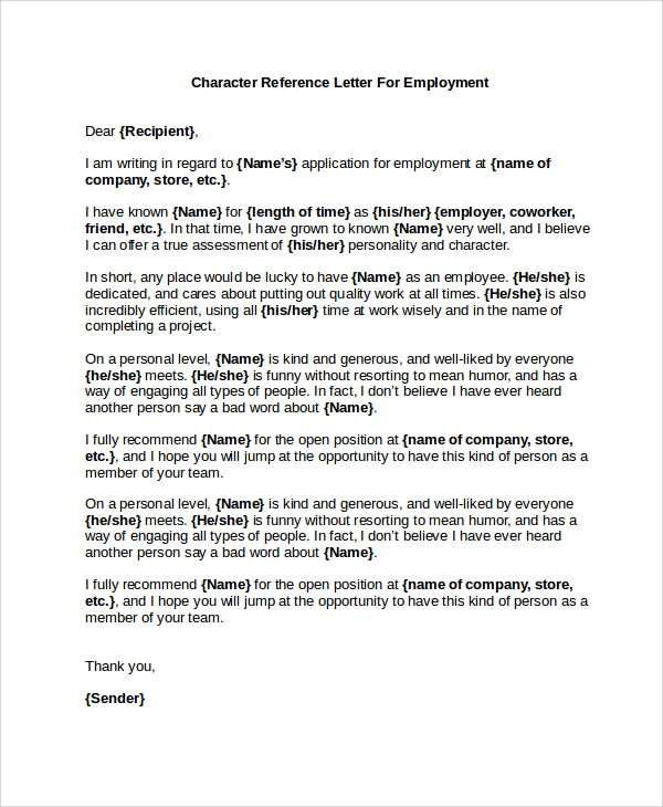 Character Reference Letter From Employer