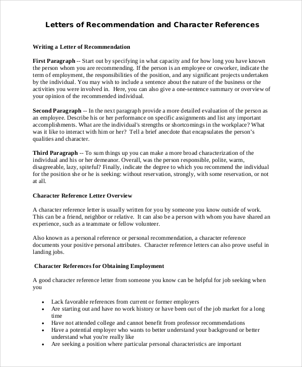 letter of recommendation character reference