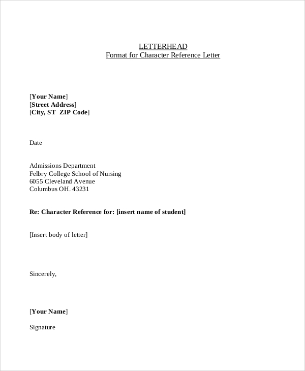 Character Reference Letter Layout