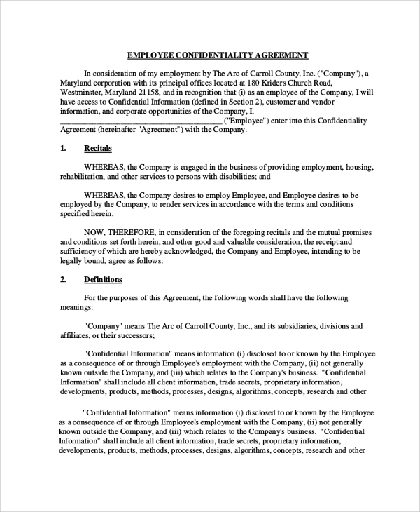 Word Employee Confidentiality Agreement Templates