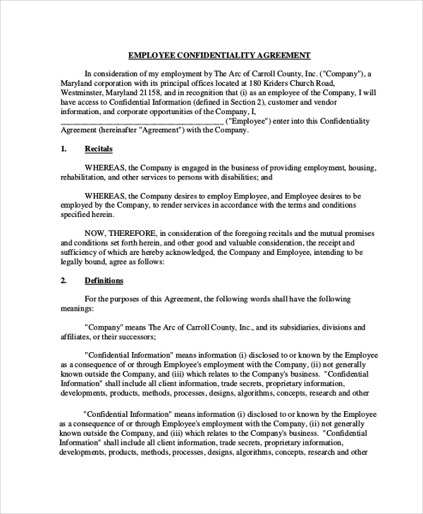 FREE 8+ Sample Employee Confidentiality Agreement Templates in PDF MS