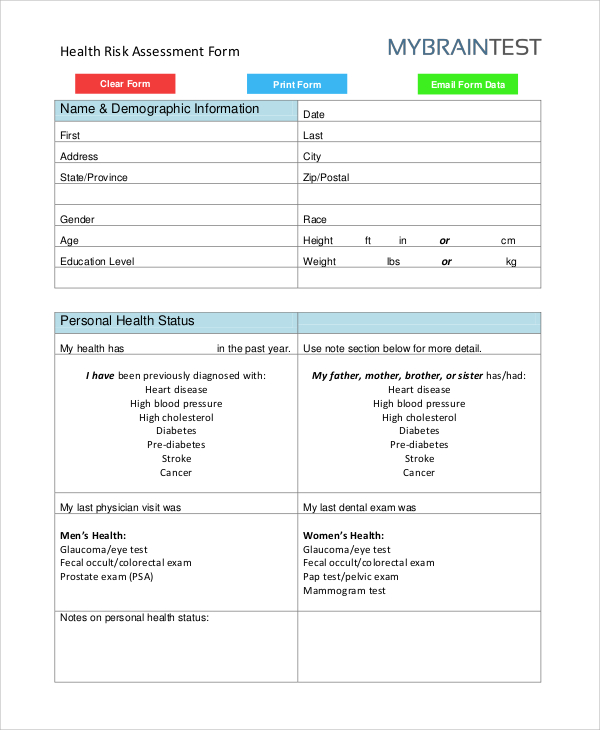 Health Risk Assessment Forms Printable 