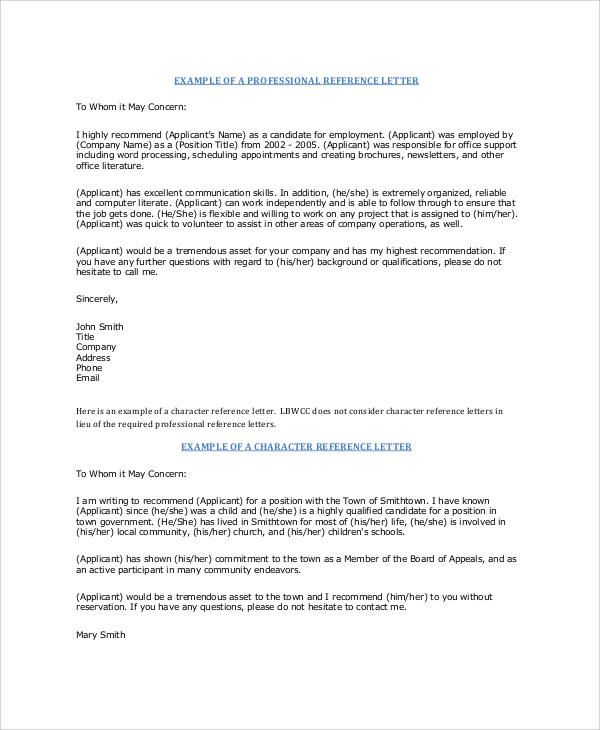 professional character reference letter