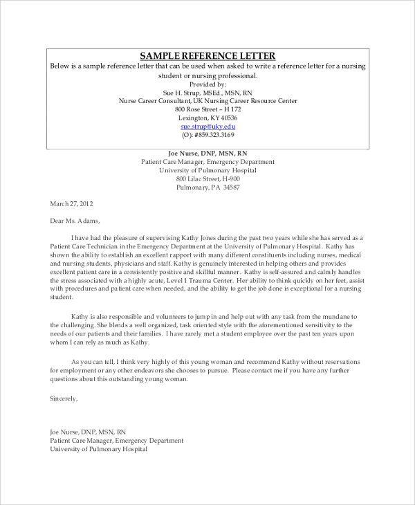 sample professional reference letter