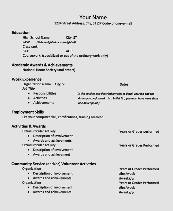college resume for high school students