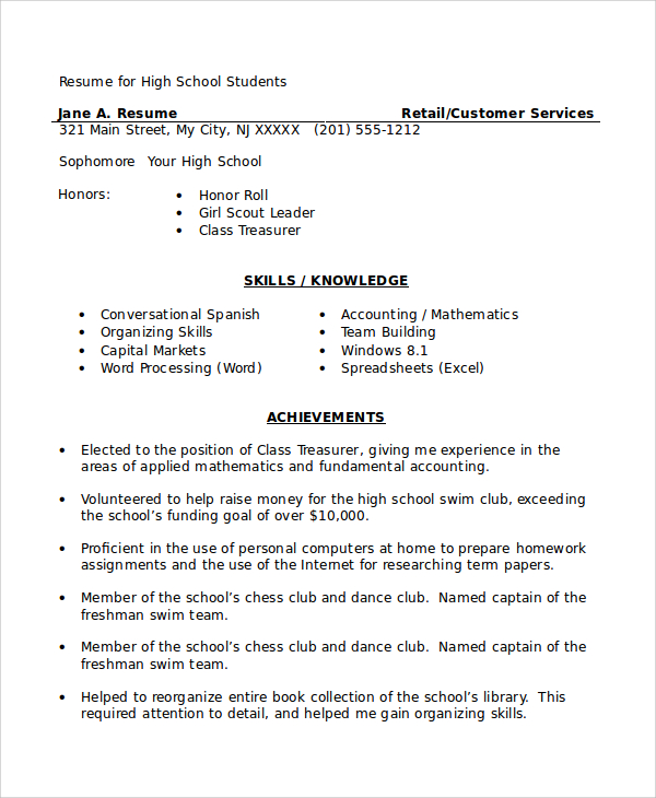 Resume writing for a high school student
