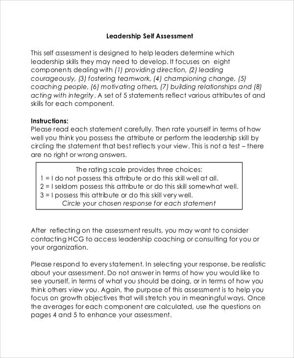 Free 8 Sample Leadership Self Assessment Templates In Pdf Ms Word