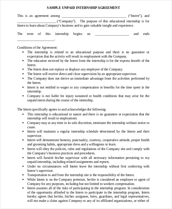 internship business agreement contract