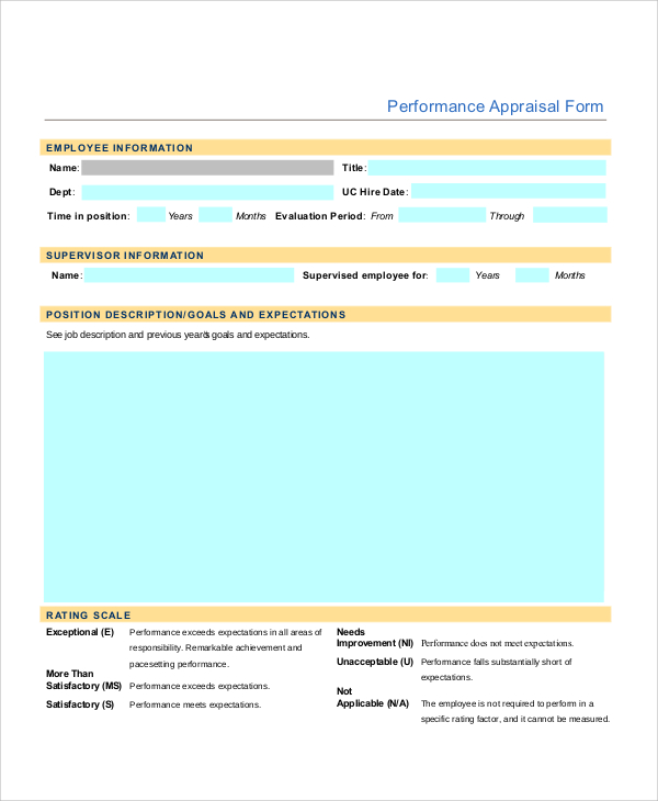 sample job performance appraisal form