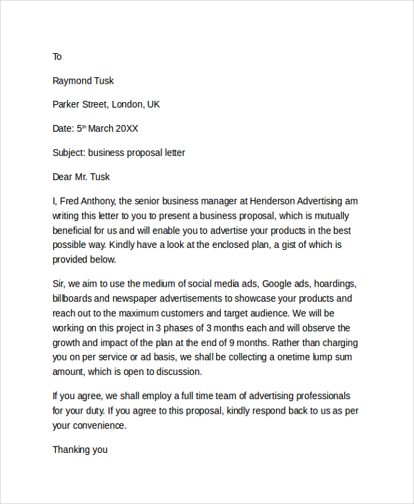 Sample business proposal cover letter