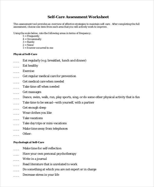 self care assessment worksheet 
