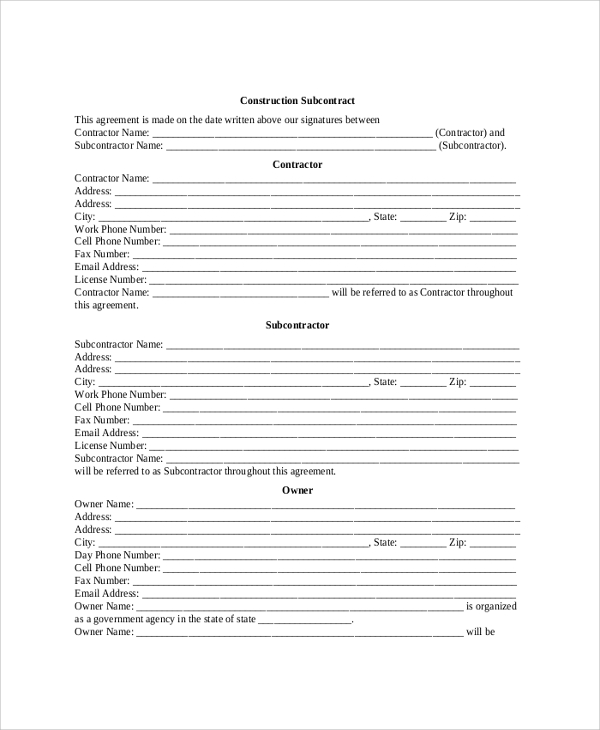 construction subcontractor agreement