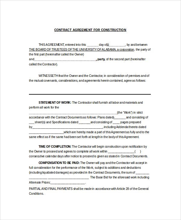 FREE 9 Sample Construction Contractor Agreement Templates