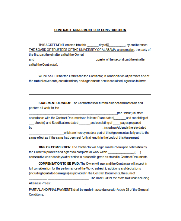 FREE 11 Sample Construction Contractor Agreement Templates In MS Word 