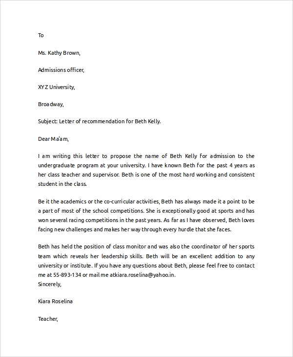 Letter Of Recommendation Template Google Docs   College Student Recommendation Letter 