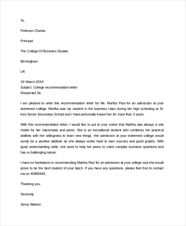 business college recommendation letter