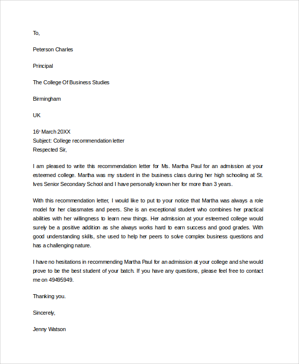 Sample University Admission Recommendation Letter Sample