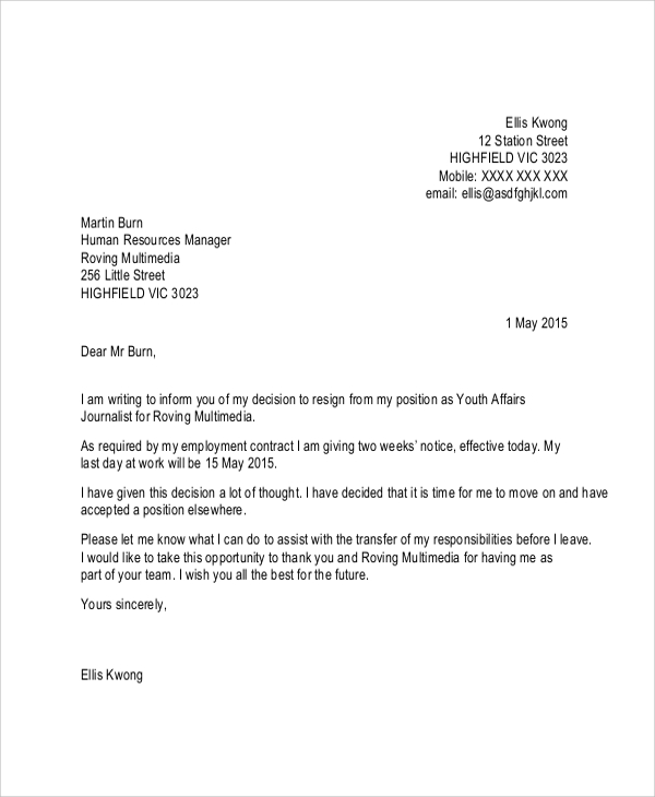 basic resignation letter with notice