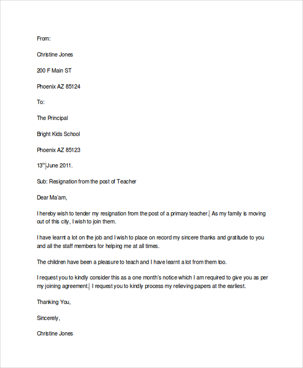 basic teacher resignation letter