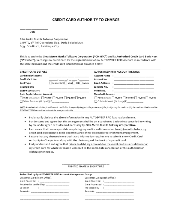 credit card charge authorization letter