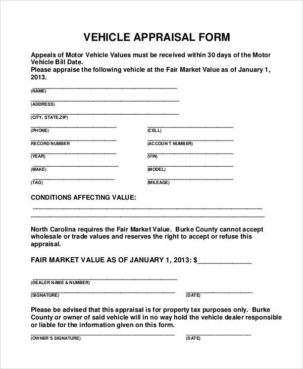 motor vehicle appraisal form