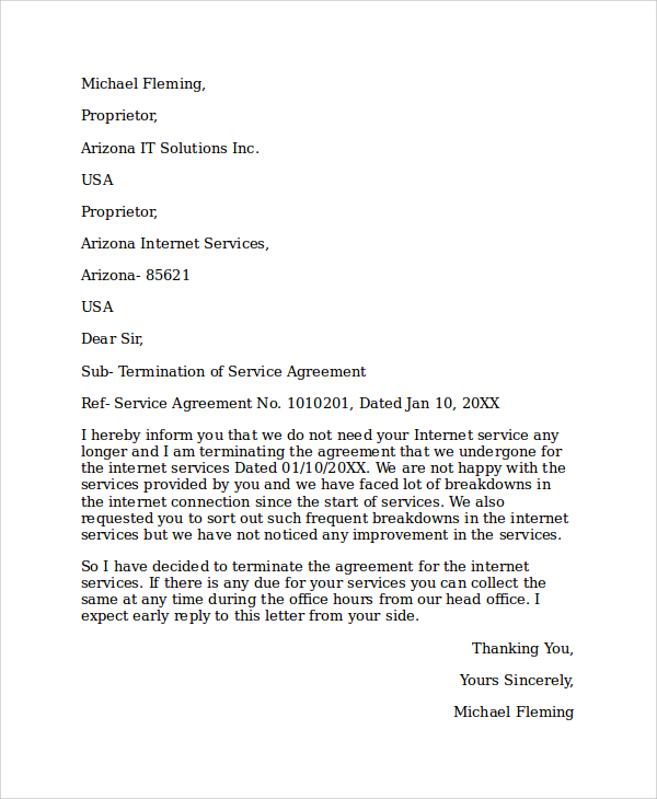 service agreement termination letter