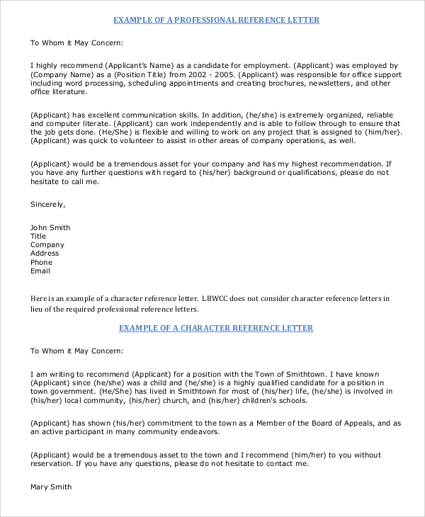 professional reference letter sample