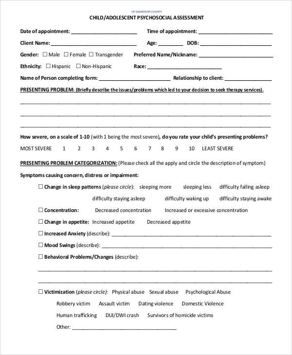 child psychosocial assessment form