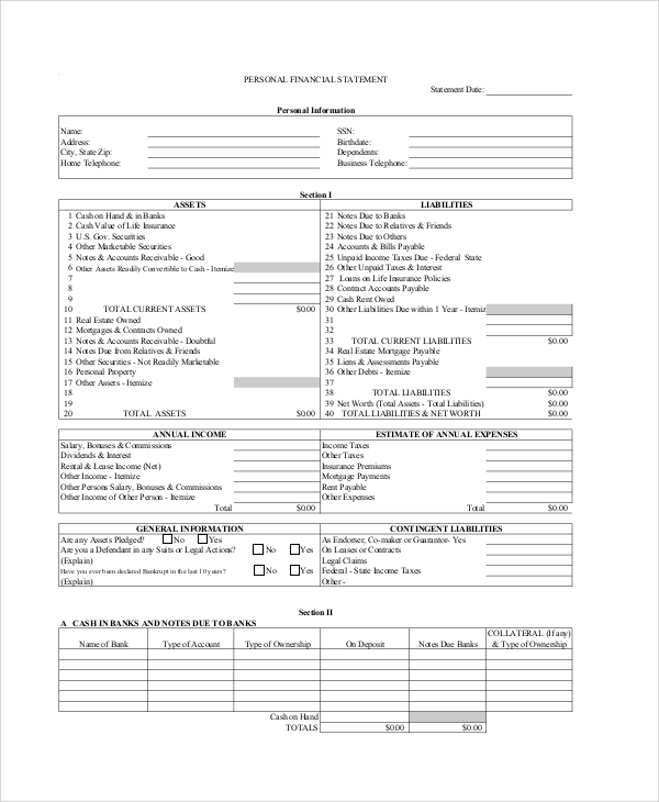 bank personal financial statement