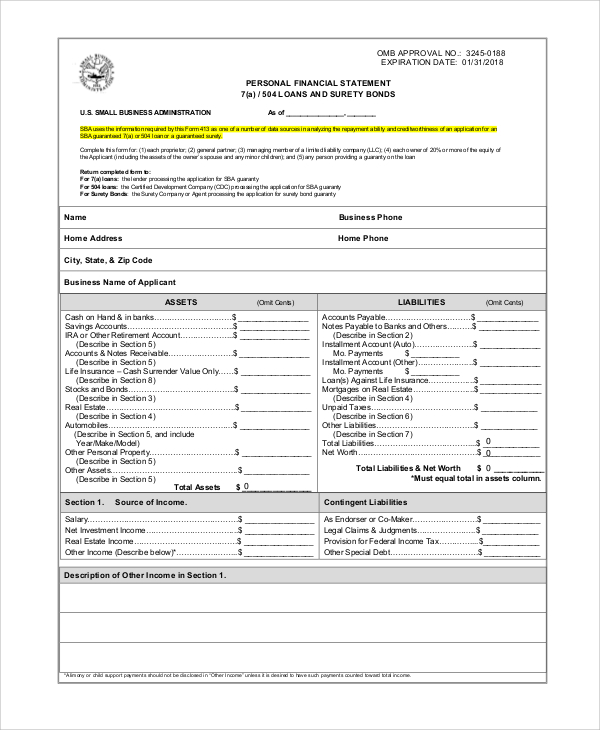 bank financial statement form