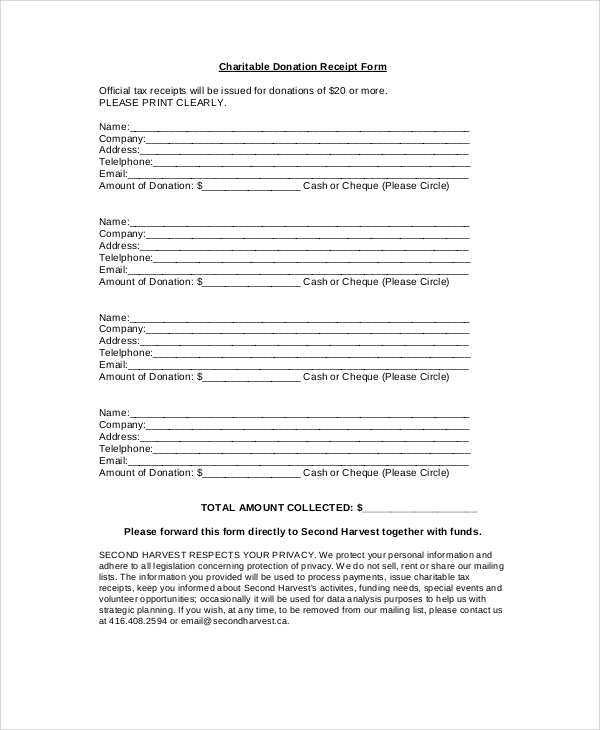 charitable donation receipt form
