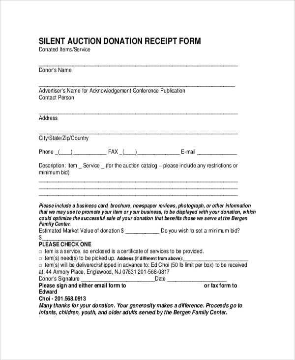 silent auction donation receipt form