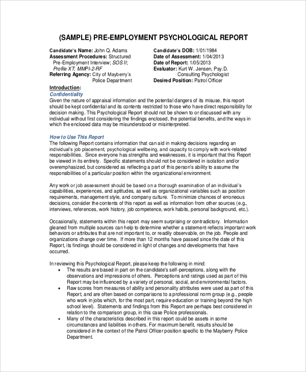 employment psychological report 