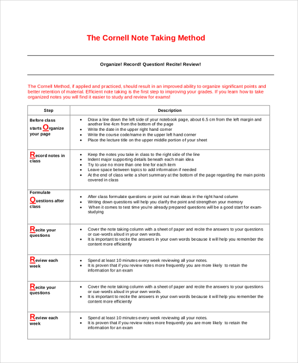 cornell method note