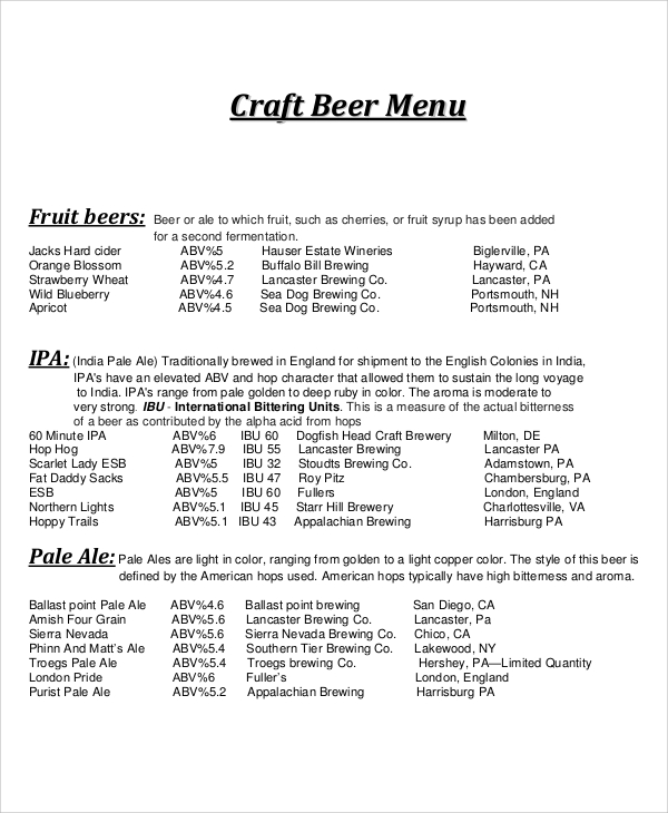 craft beer menu template