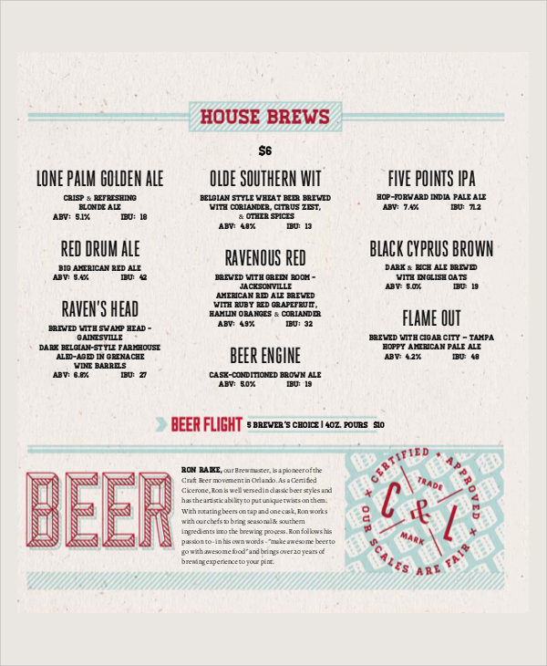 sample beer menu template