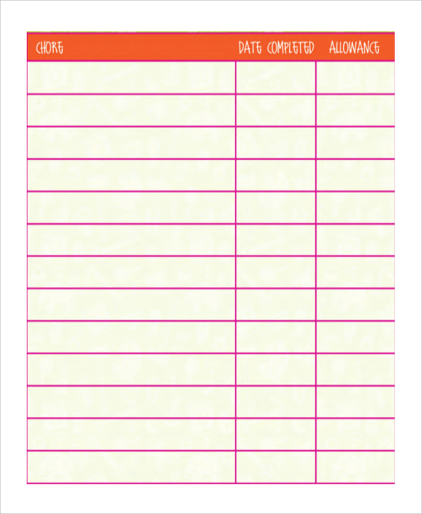 Chore Allowance Chart Template