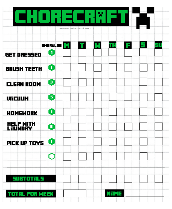 minecraft chore chart
