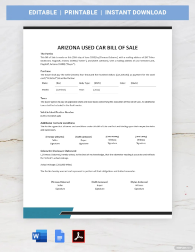 arizona used car bill of sale template