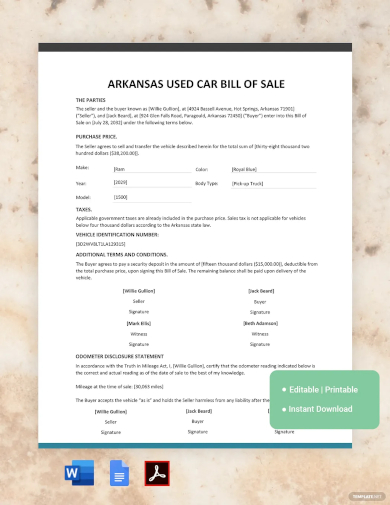 arkansas used car bill of sale template