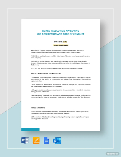 board resolution approving job description code of conduct template