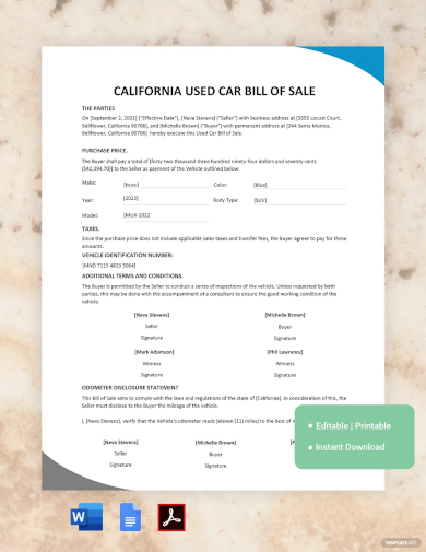 california used car bill of sale template