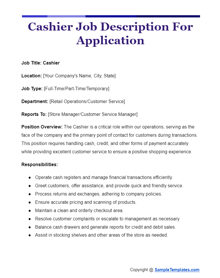 cashier job description for application