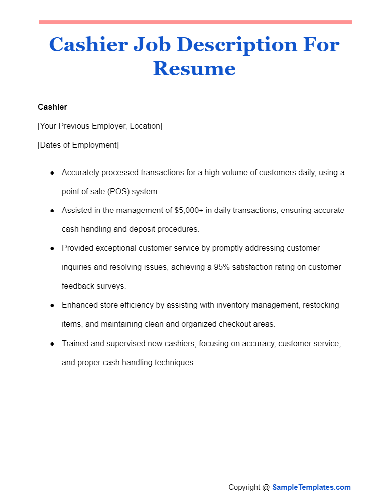 cashier job description for resume