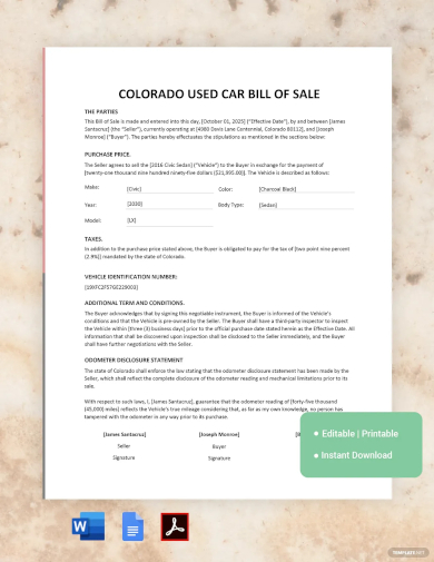 colorado used car bill of sale template