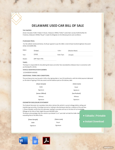 delaware used car bill of sale template