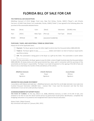 florida bill of sale for car template